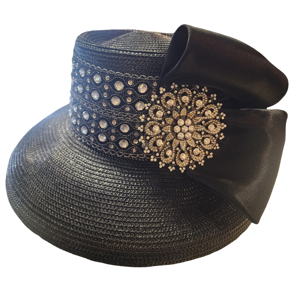 Black Women's Dress Hat with Satin Bow and Crystal Brooch